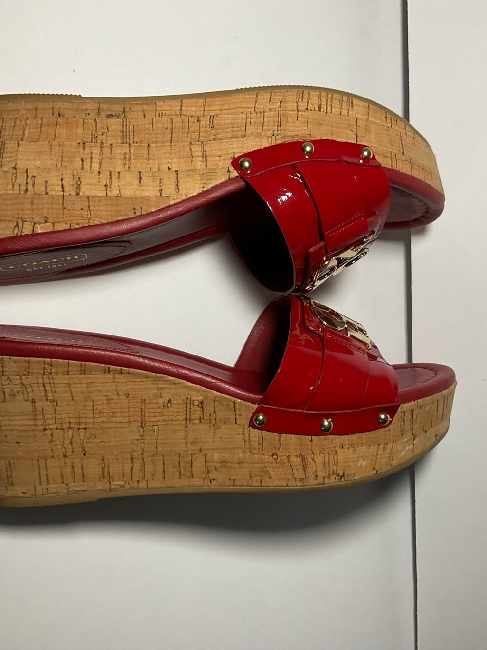 Coach Red Patent Slide Mules with Gold Logo Accent - Picture 6 of 8